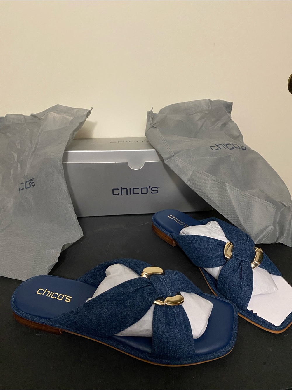 Chico's Denim Knot Slide Sandals with Silver Accents
